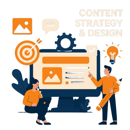 Illustration of two people planning content on a computer screen with icons for target, chat, image, and light bulb, representing content strategy and design.