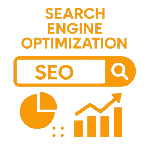 Illustration representing search engine optimization (SEO), featuring a search bar with "SEO," a pie chart, and a rising bar graph with an arrow, all in orange color.
