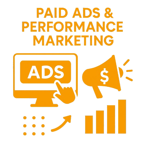 Illustration representing paid ads and performance marketing, featuring a computer screen with "ADS," a megaphone with a dollar sign, and a rising bar graph in orange color.